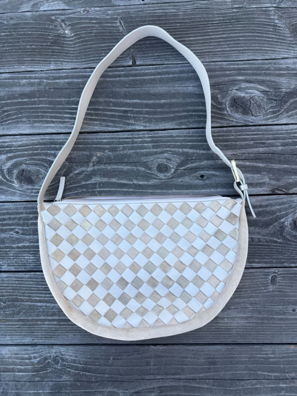 Cream and Tan Braided Leather Shoulder Bag